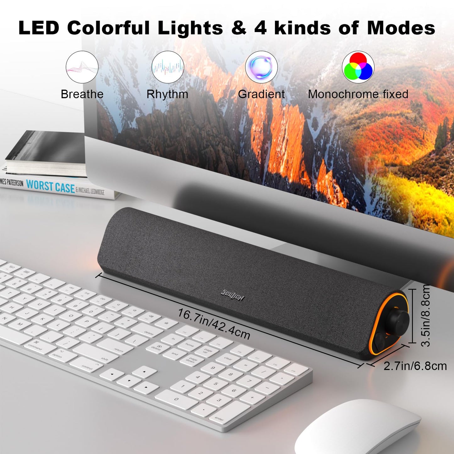 SOULION R50 Bluetooth Computer Speakers, 3.5mm PC Sound Bar for Desktop Monitor, Wired USB Powered & Colorful LED Lights with Switch Button, Surround Sound Soundbar PC Spearkers for Computer