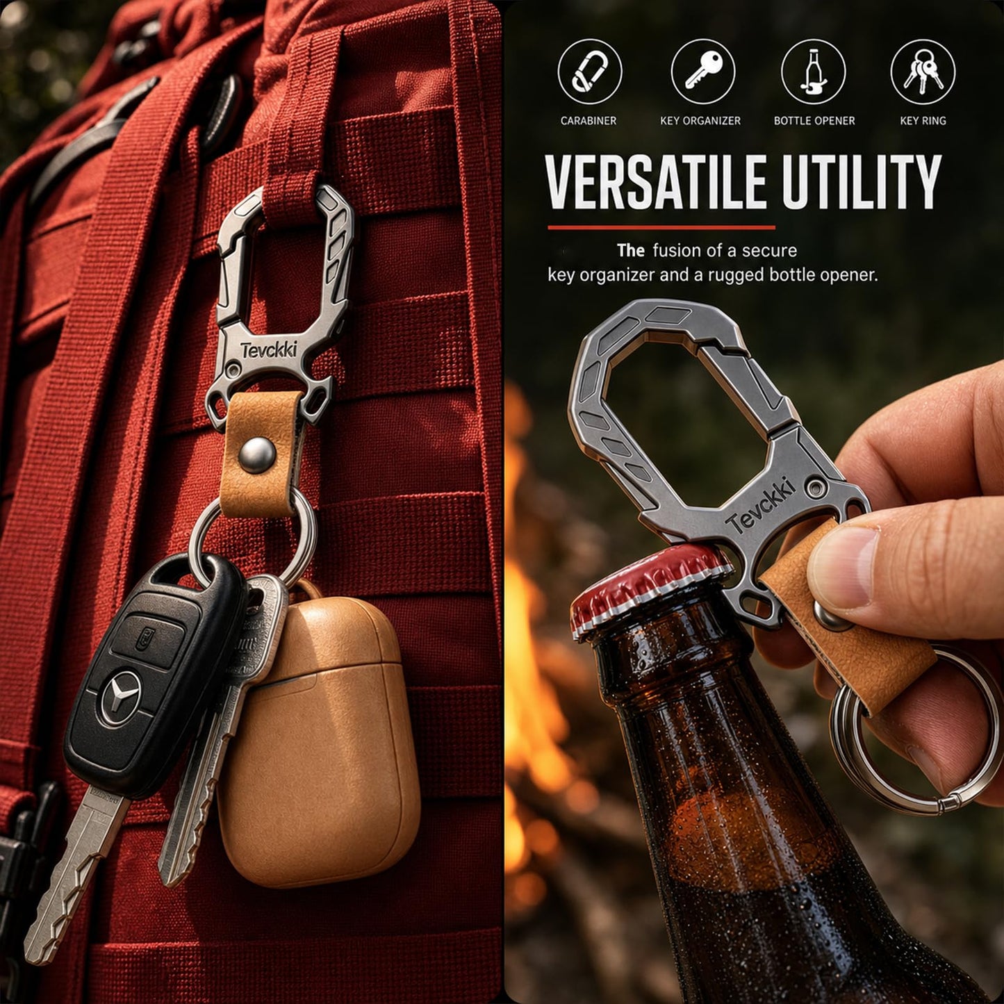 Tevckki Tactical leather keychains Carabiner Car Key Chains Bottle opener .Metal Clip Keychain with Anti-Lost 2 Key Rings Universal for men and women.(Brown)