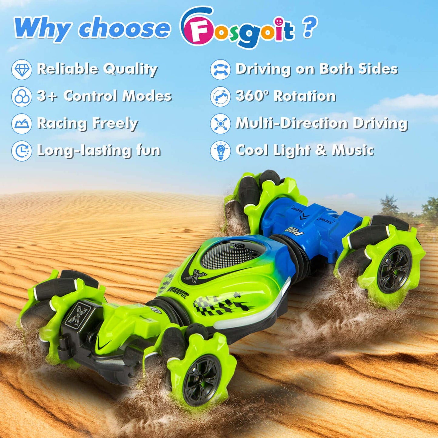 Fosgoit Gesture RC Car, 2.4GHz 4WD Gesture Sensing RC Stunt Car Toys for 6-12 Years Old Boys Girls, Hand Controlled Remote Drift Twist Offroad 360° Rotation with Lights Music for Birthday Gifts