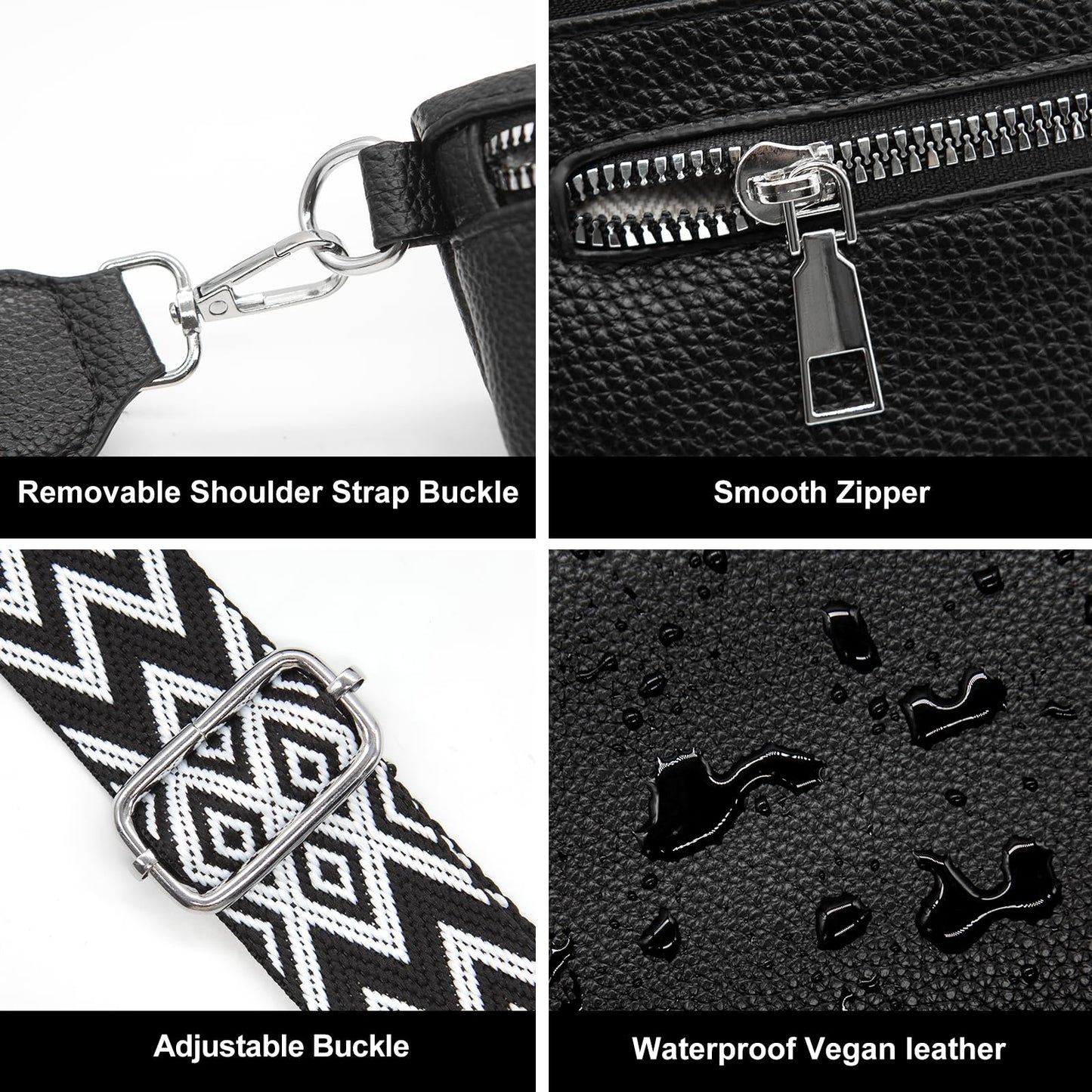 Long Keeper Faux Leather Crossbody Bags Bum Bag for Women Fanny Pack Lady Trendy Shoulder Sling Bag Waist Bags Belt Bag (Matte Black)