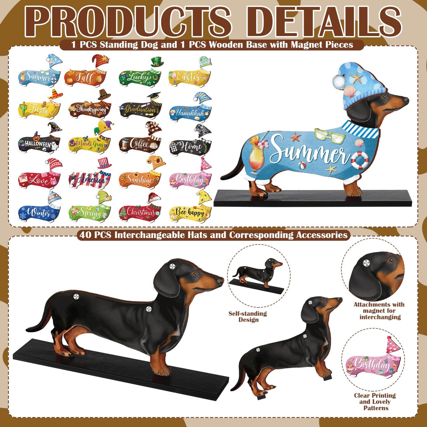 Anglechic 42 Pcs Interchangeable Summer Dachshund Holiday Wiener Dog Decor Seasonal Welcome Sign Tier Tray Decoration Ornament Farmhouse Wood Home Office Desk Accessories for Women Pet Lover Gift