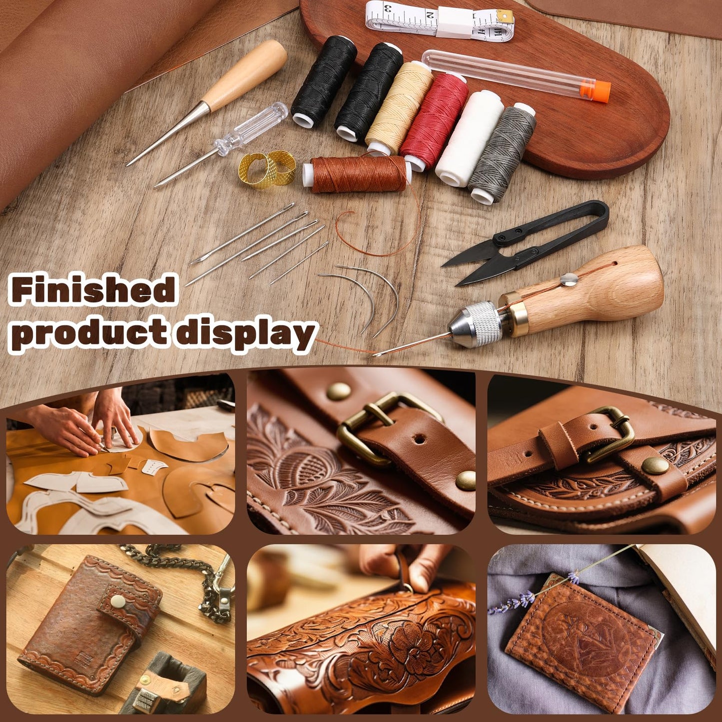 24pcs Leather Sewing Awl Needles Kit Professional Portable Leather Stitching Tool with Straight Curved Needles Waxed Threads Screwdriver Scissors Tape Measure for Furniture Repair