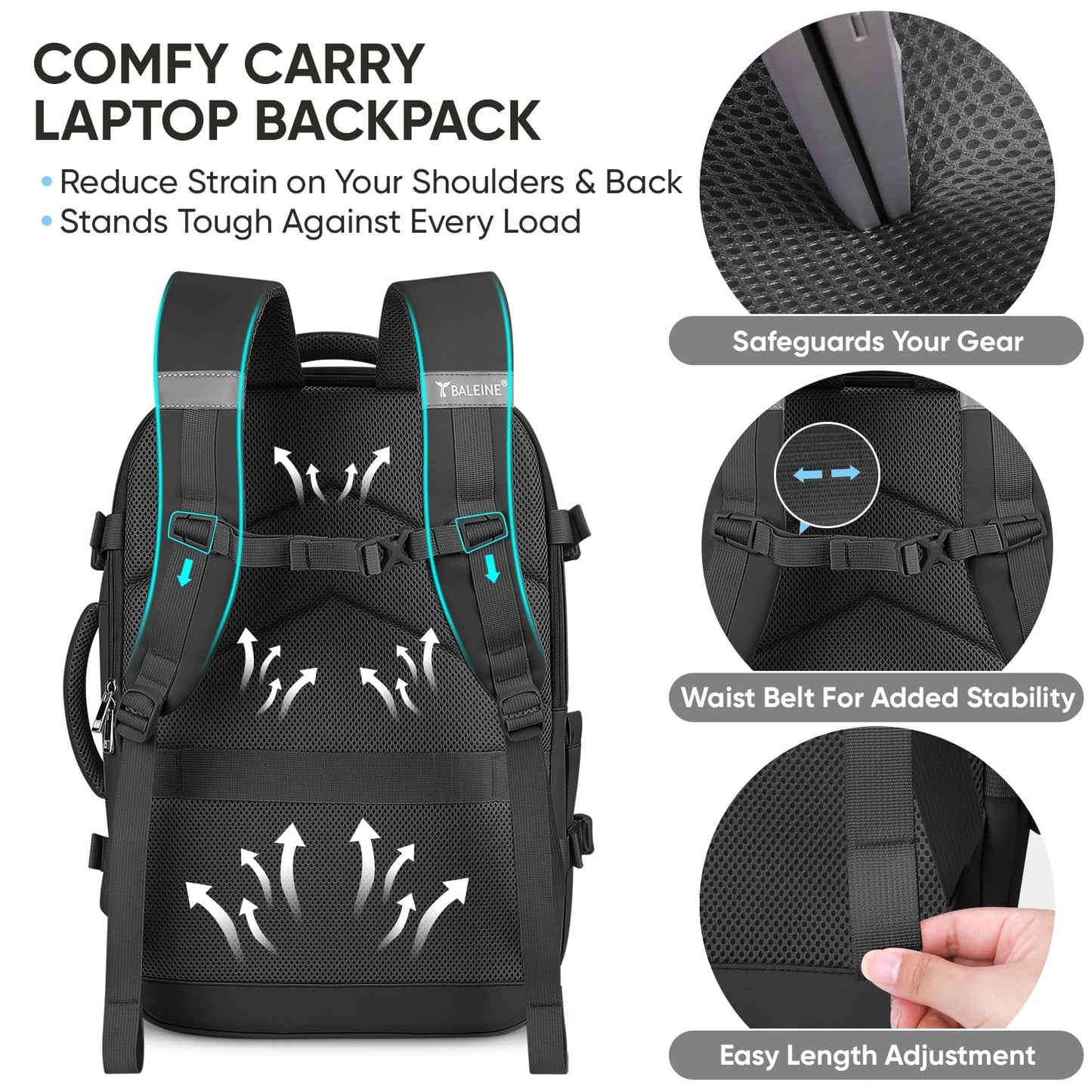 BALEINE Travel Backpack for Women Men, Large Sturdy Carry On Laptop Backpack Gifts for Business, Casual, Weekender, Hiking (Large, Black)