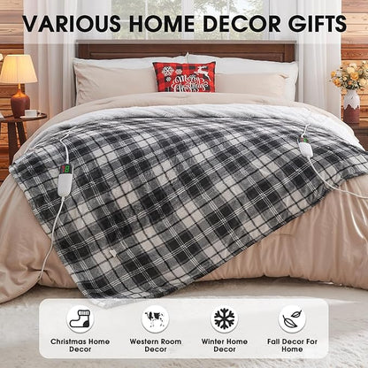 OCTROT Black Electric Heated Blanket King Size, 90X100 Black Blanket with Dual Control&10 Heats Levels&Timer for Bed,Large Plaid Sherpa Heating Blankets Warmer Gifts for Grandma Women Adults,Washable