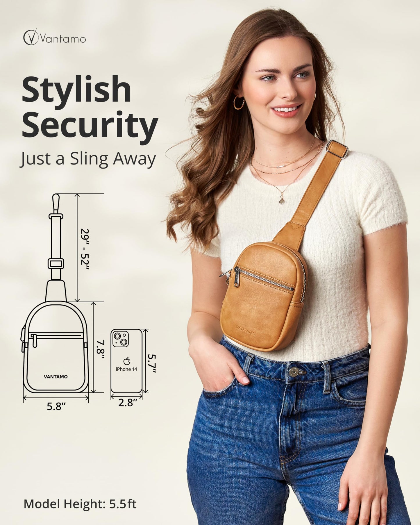 Vantamo Small Crossbody Bags for Women 29"-52" Adjustable Strap, Extra Safe Sling Bag with RFID & Anti-Pickpocket Clip, PU Leather Cross Body Packs with Gift Box, Tan Bags for Women