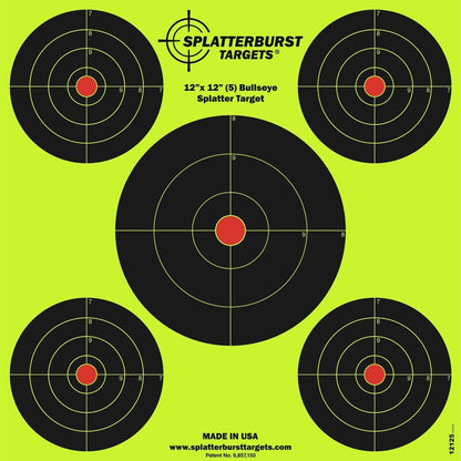 Splatterburst Targets - 12 x12 inch (5) Bullseye Splatter Target - Easily See Your Shots Burst Bright Fluorescent Yellow Upon Impact - Made in USA (10 Pack)