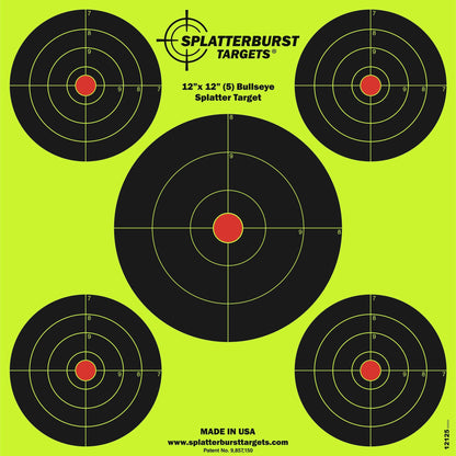 Splatterburst Targets - 12 x12 inch (5) Bullseye Splatter Target - Easily See Your Shots Burst Bright Fluorescent Yellow Upon Impact - Made in USA (10 Pack)