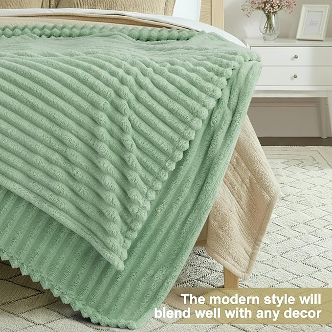 decorUhome Soft Fleece Sage Green Blanket Queen Size for Bed, Cozy Fluffy Plush Flannel Large Striped Throws for Couch Sofa, Lightweight Decorative Fuzzy Blanket for Woman, 90x90 Inches
