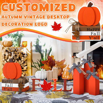 FoldTier 11pcs Thanksgiving Fall Decorations for Home Pumpkin Tiered Tray Decor Fall Table Decoration Maple Leaf Wooden Sign Autumn Pumpkin Tabletop Stack Faux Books Centerpiece for Shelf Harvest