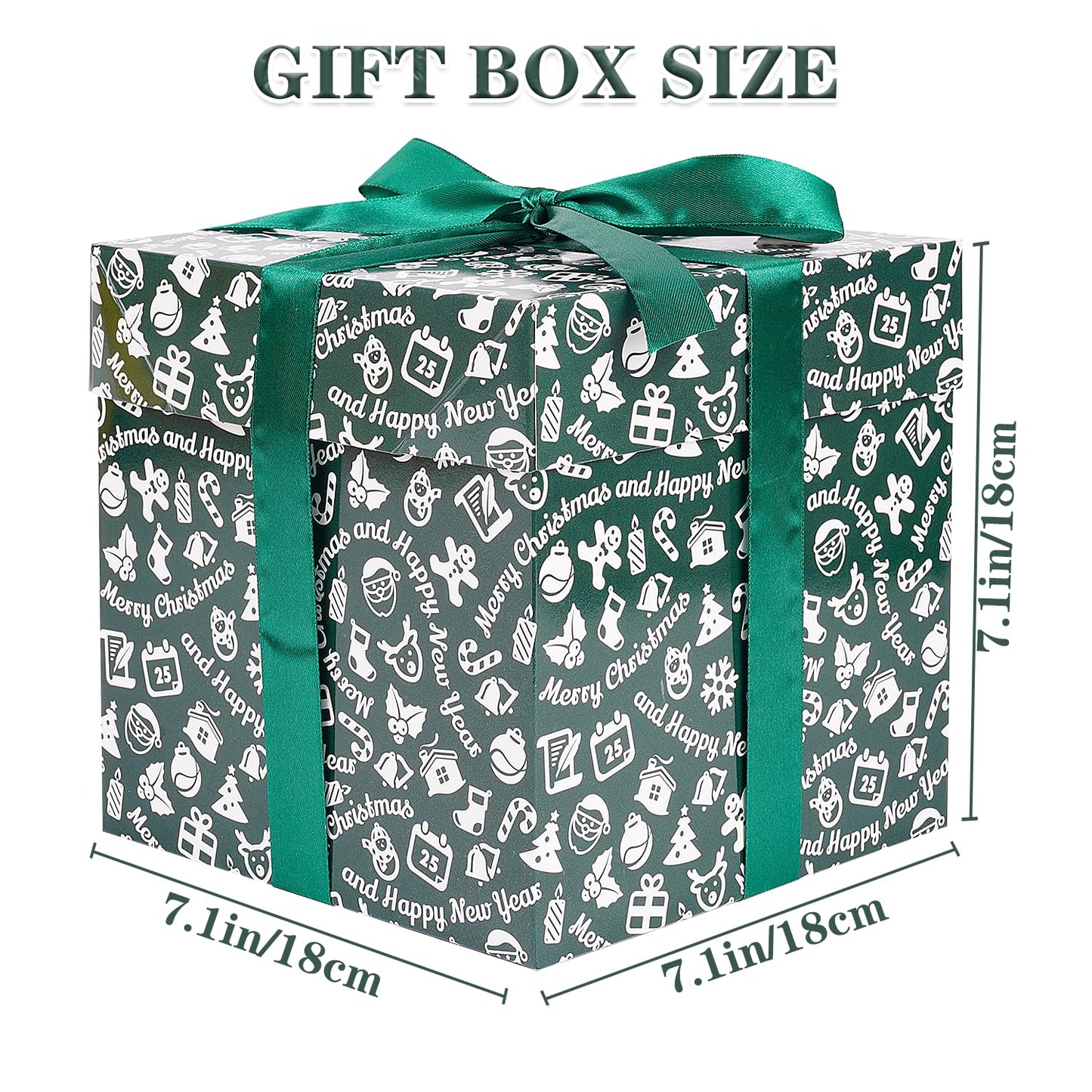 Jaywayang 5 Pack Green Christmas Gift Boxes with Lids, Ribbons and Tissue Papers Square Gift Boxes - 7.1 Inch - Presents Wrapping Christmas Gift Holiday New Year Party Favor Boxes.