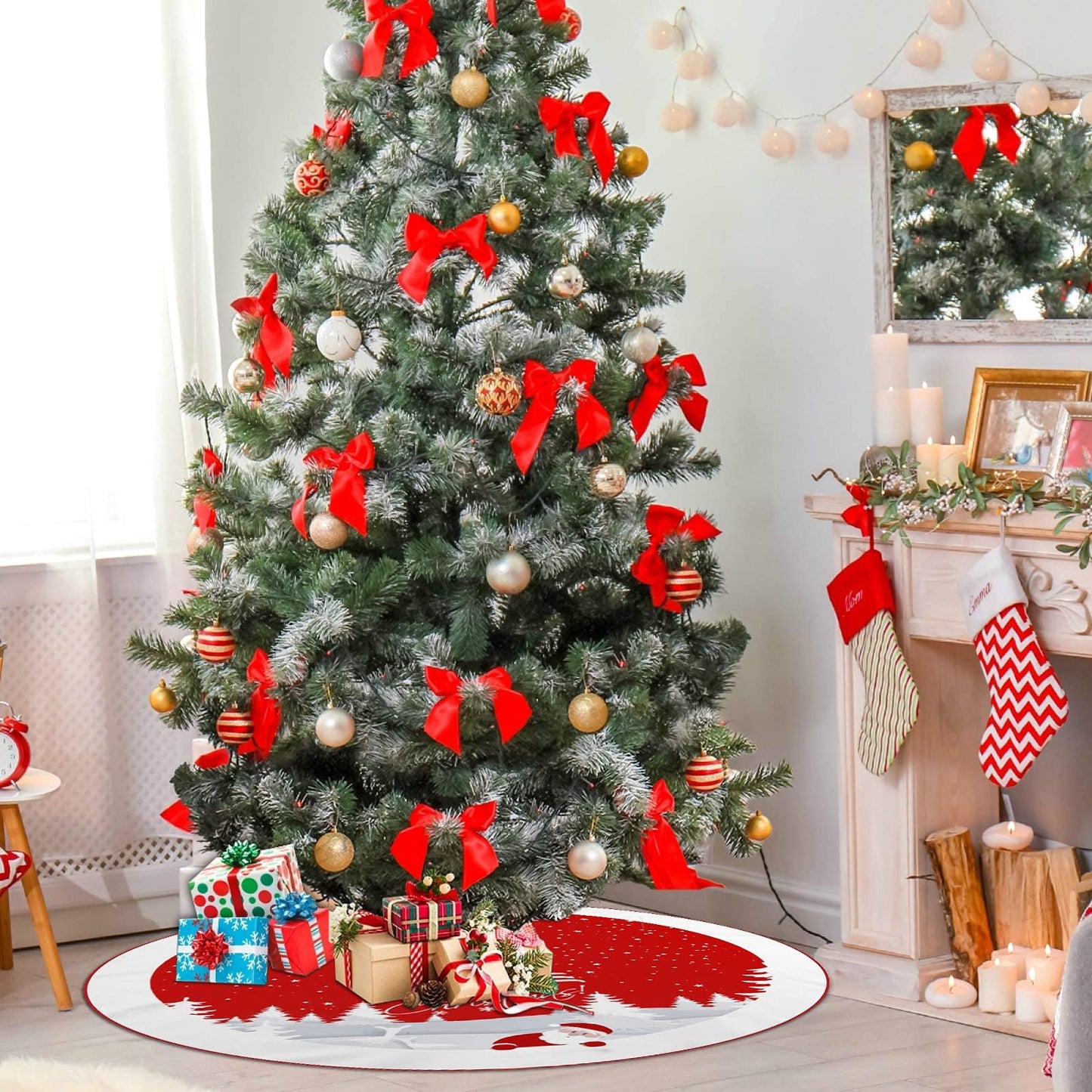 Christmas Tree Skirt Red Xmas Tree Ornaments for White Soft Plush Christmas Tree Mat with Snowy Pattern for Decorations Holiday Party 48 inches
