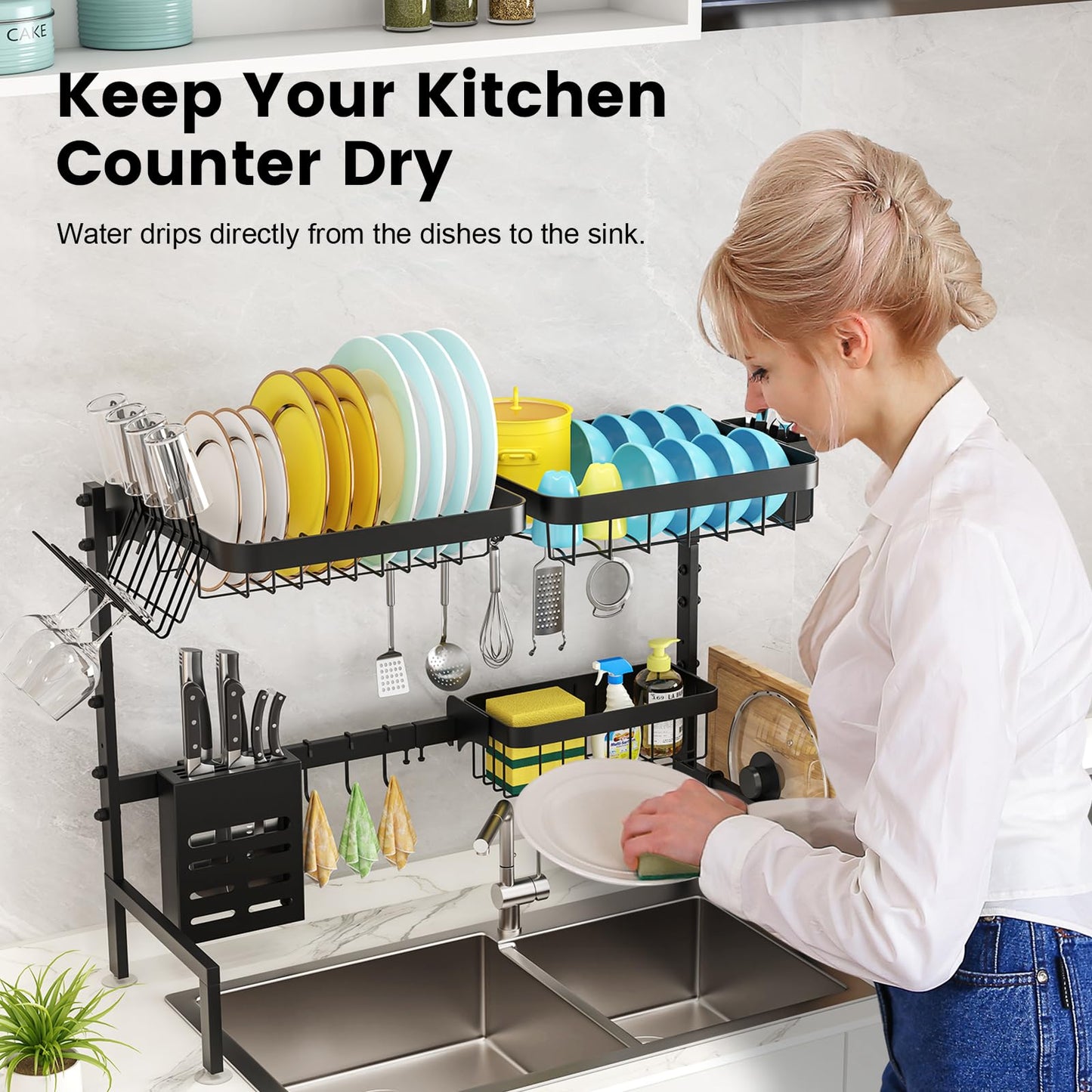 MERRYBOX Over The Sink Dish Drying Rack, 2-Tier Height:20.7in,Length:25.6-33.5in Adjustable,Stainless Steel Dish Drainer with Cutting Board Holder,Large Kitchen Dish Rack Counter Organizer Space Saver