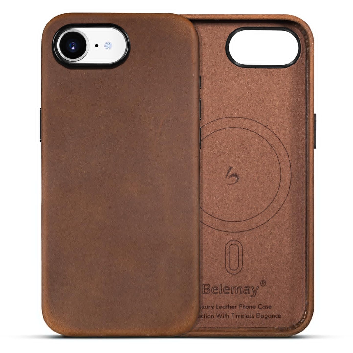 Belemay Handcrafted Crazy Horse Leather Case for iPhone 17e / iPhone 16e, Compatible with MagSafe, Vintage Aesthetic, Two-Tone Effect, Unique Patina, Metal Buttons Cover (6.1"), Vintage Brown