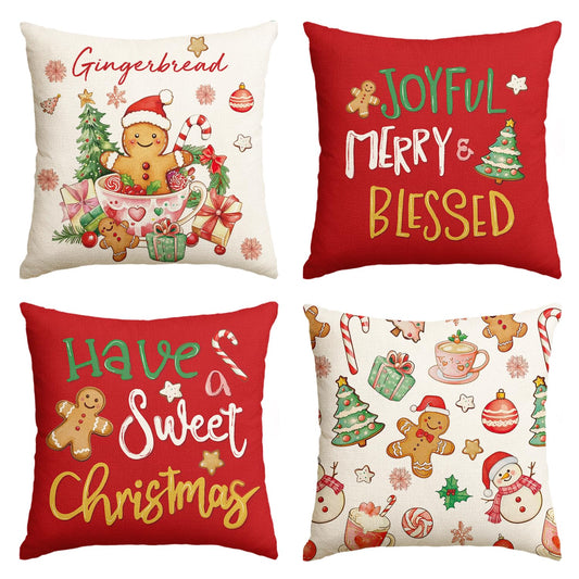 AVOIN colorlife Have a Sweet Christmas Gingerbread Man Candy Cane Throw Pillow Covers, 18 x 18 Inch Joyful Blessed Red Seasonal Winter Holiday Cushion Case Decoration for Sofa Couch Set of 4