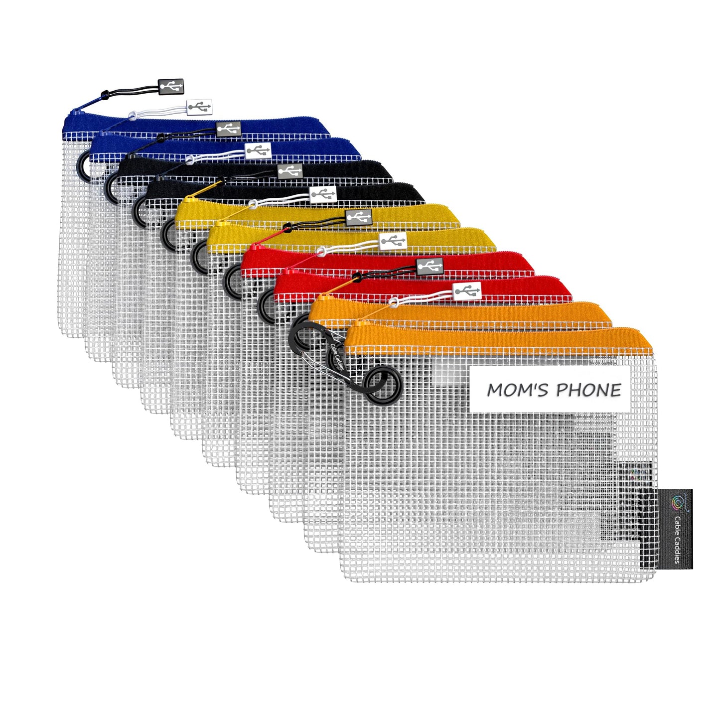 Cable Caddies USB Cable Organizer Pouches, Color Coded Travel Cable Management Bags, 10 Pack