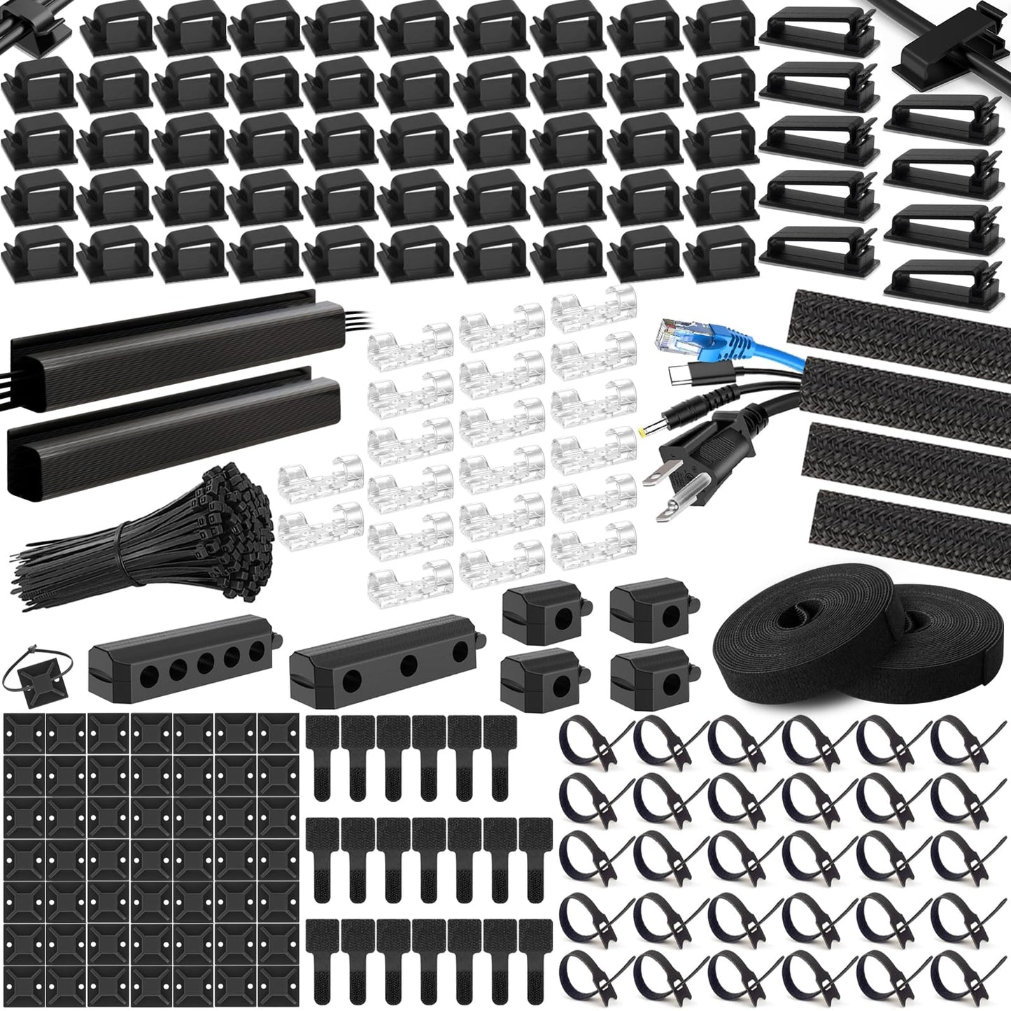 494 PCS Cable Management Kit - 4 Cable Sleeve Split, 2 Cable Organizer, 130 Adhesive Cable Clip, 6 Cable Holder, 2 Roll Cable Organizer Strap, 300 Cable Tie with 50 Mount, for Computer TV Under Desk