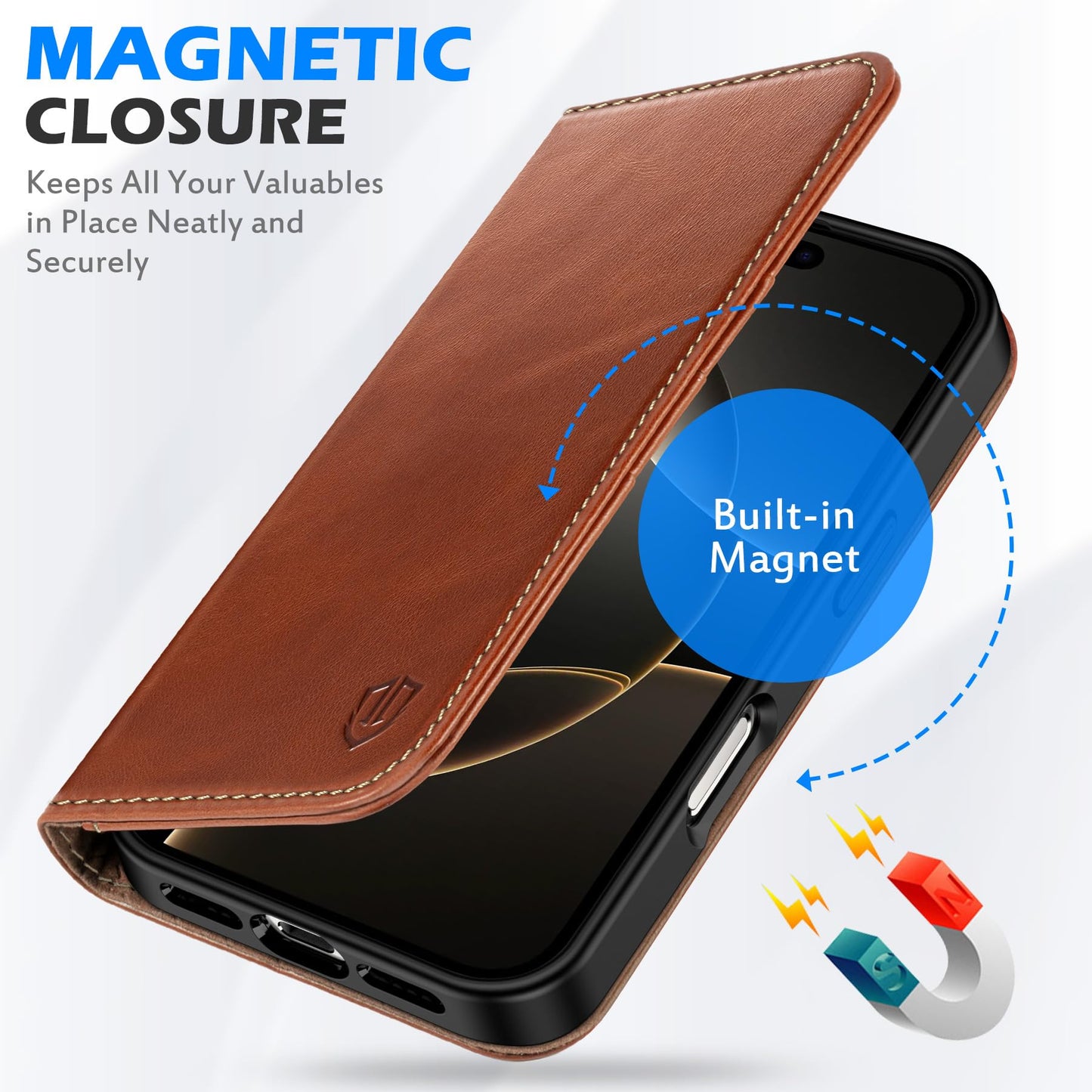 SHIELDON Wallet Case for iPhone 16 Pro 6.3" 2024, Genuine Leather Folio Magnetic Closure RFID Blocking Card Holder Kickstand Full Protection Phone Case Compatible with iPhone 16 Pro - Retro Brown