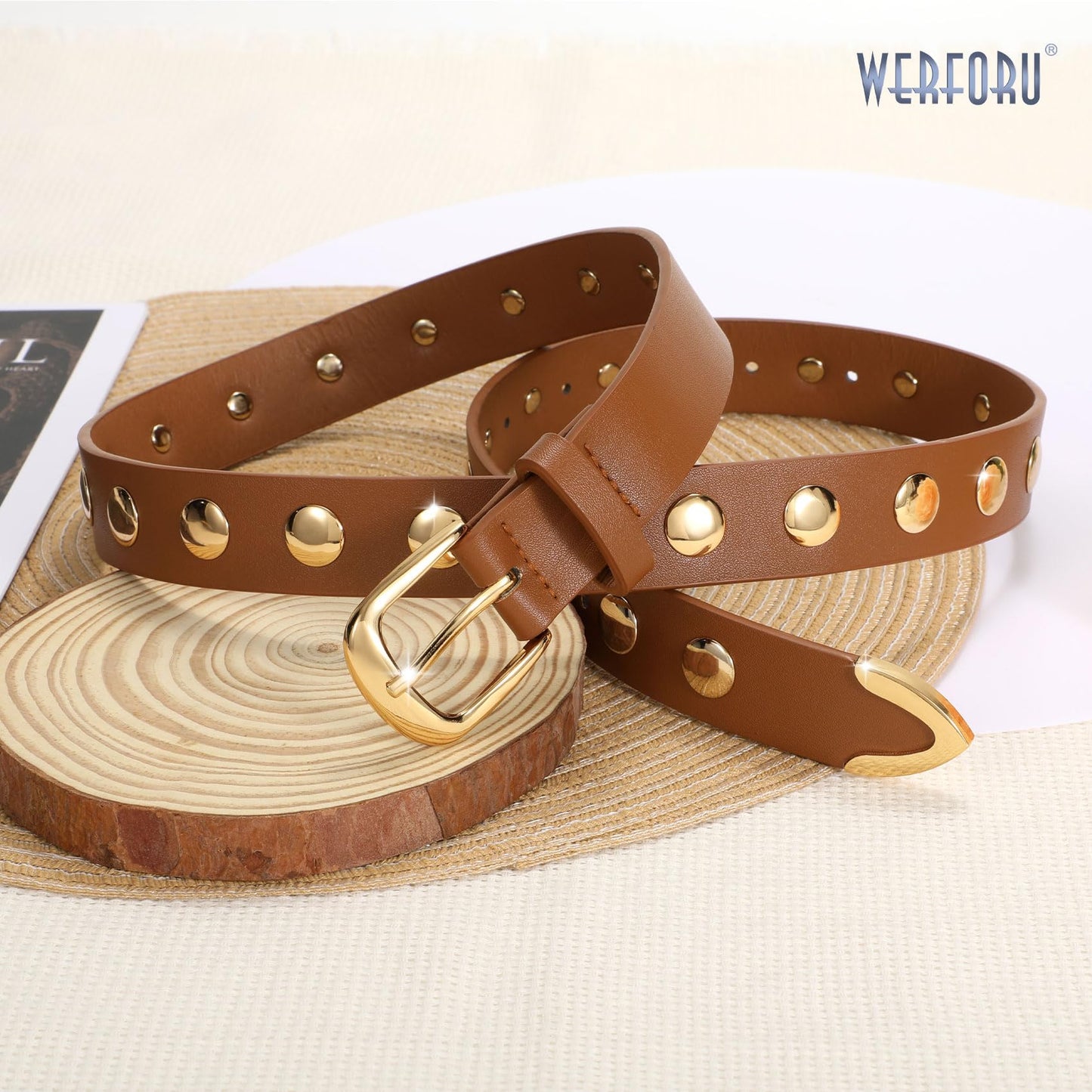 WERFORU Women Fashion Leather Belt Studded Leather Belt Ladies Belts for Jeans Dress Punk Belt,(Brown,25"-30" Waist Adjustable)
