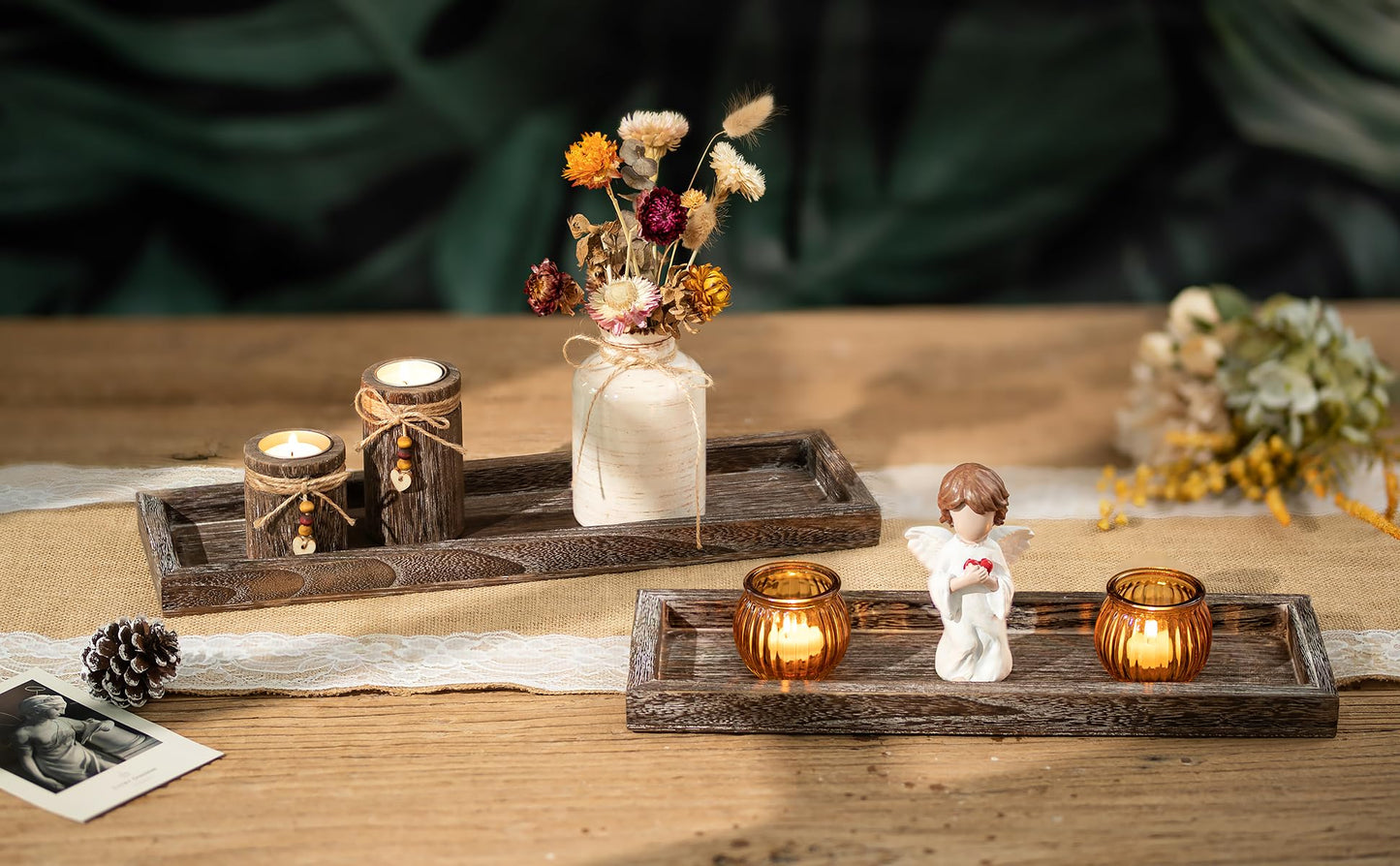 Romadedi Rustic Decorative Wood Candle Tray - 15" Wooden Long Narrow Tray Candle Holder, Farmhouse Small Trays for Coffee Table Centerpieces Dining Room Kitchen Countertop Home Decor, Brown