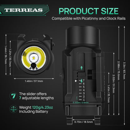 Terreas Upgraded 2000 Lumens Magnetic Rechargeable Weapon Light & Green Laser Combo, Aluminum Alloy Tactical Flashlight with Adjustable Rail, Strobe Mode, Fits Most Picatinny/GL Rail & Holsters