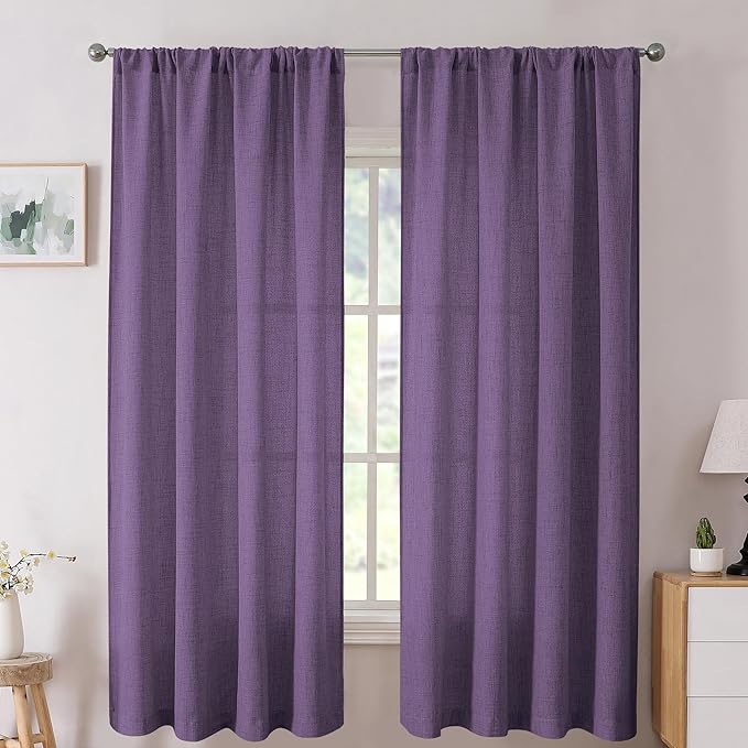 Tollpiz Linen Curtain Bedroom Rod Pocket Semi Sheer Curtains Burlap Light Filtering Thick Linen Drape for Living Room, 54 x 63 inches Long, Royal Purple, Set of 2 Panels