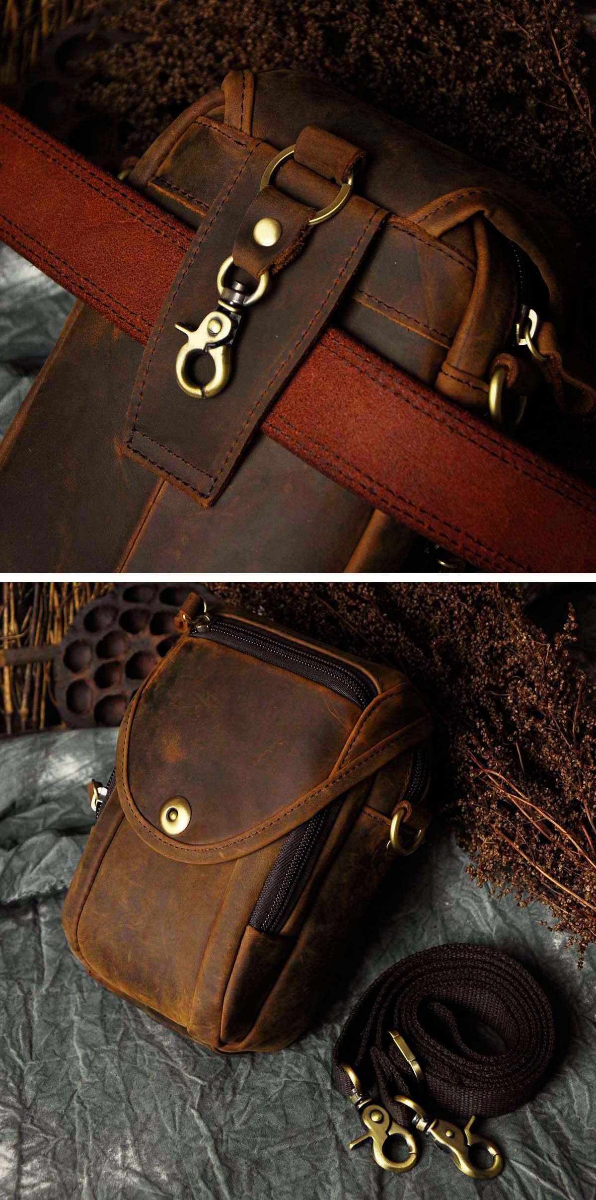 Le'aokuu Mens Vintage Small Messenger Shoulder Satchel Genuine Leather Waist Bag Pack (Dark Brown)