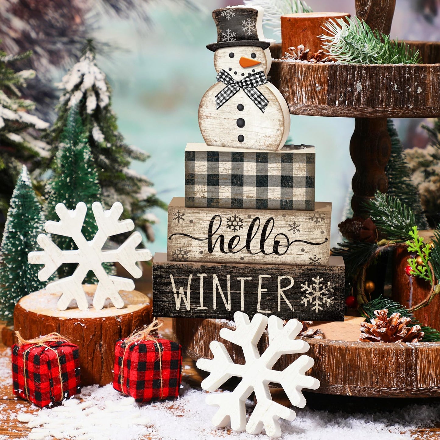 Colingmill 6 Pcs Snowman Christmas Decor Winter Table Decorations Xmas Tiered Tray Decor Wooden Snowman Snowflake Signs Christmas Table Centerpiece for Farmhouse Home Kitchen Shelf Office Decoration
