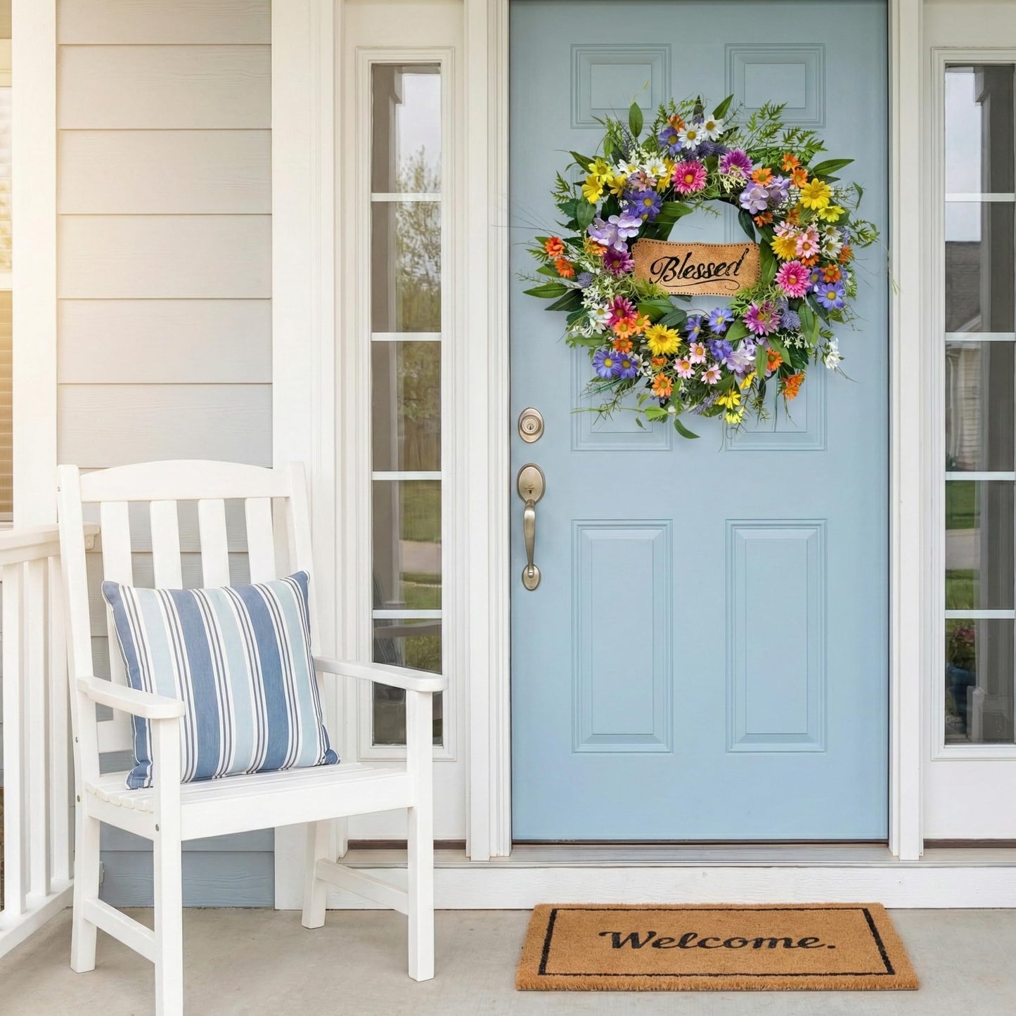 Lnymura 22 Inch Spring Summer Blessed Wildflower Wreath for Front Door Wall