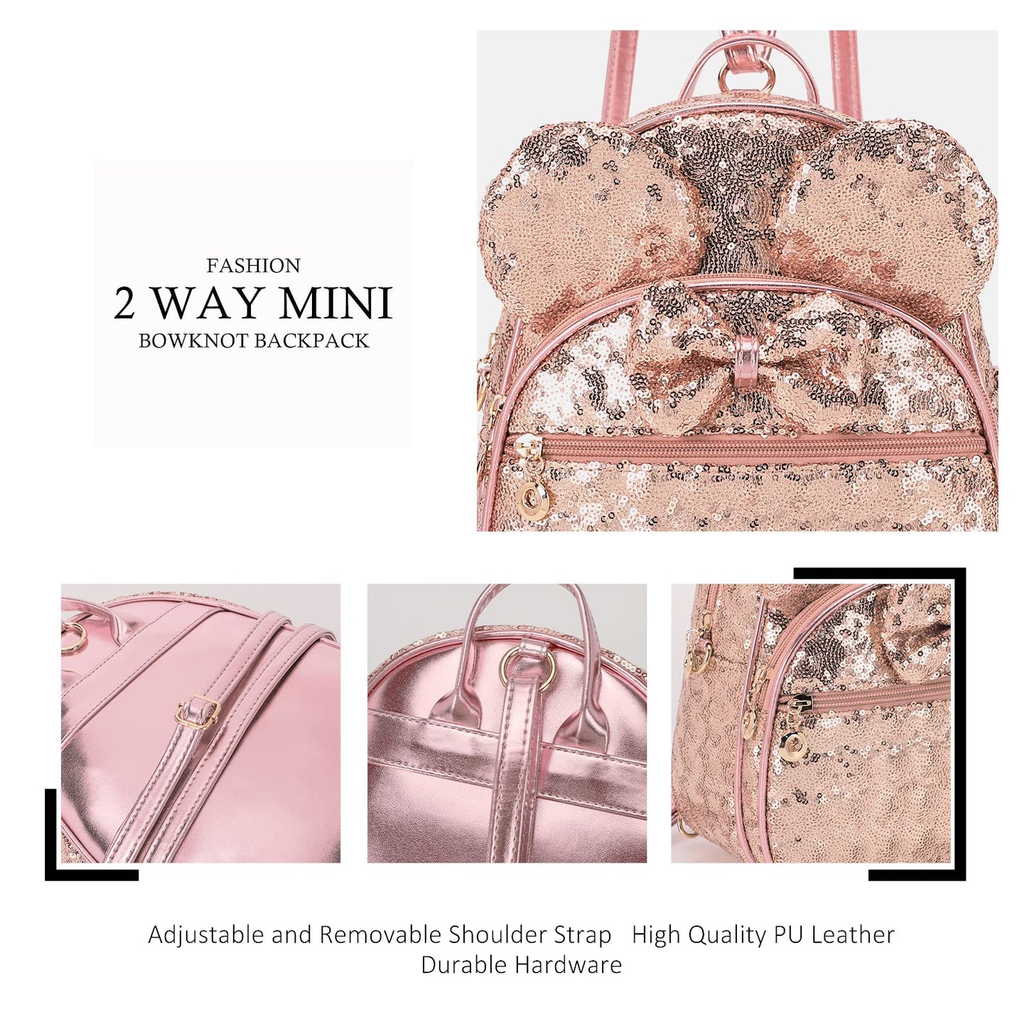 KL928 Girls Mini Backpack Bowknot Polka Dot Cute Daypacks Convertible Shoulder Bag Purse for Women (Brown) (Sequin Fluorescent Pink)