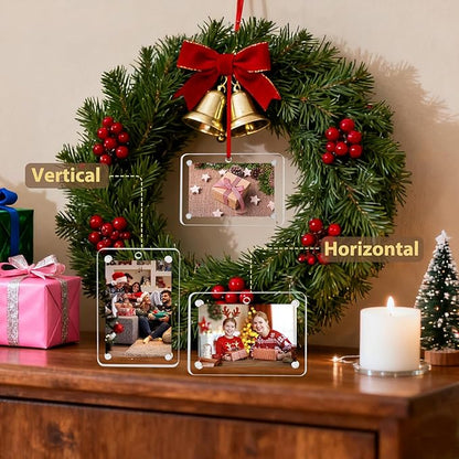 Christmas Photo Ornament Set of 4, 3x2'' Iridescent Acrylic Hanging Picture Frame for Family Photo, Christmas Tree, Holiday Decoration, Multifunctional Magnetic Picture Frames for Car and Fridge Decor