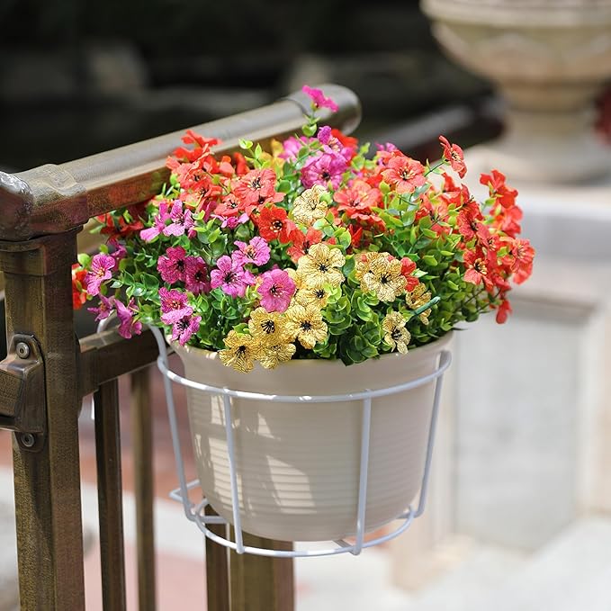 Outdoor Artificial Flowers, 12 Bundles Fake Flowers Summer Decoration, No Fade Faux Plastic Shrubs for Garden Patio Porch Window Box Decor (Fuchisa,Rose Yellow,Red)