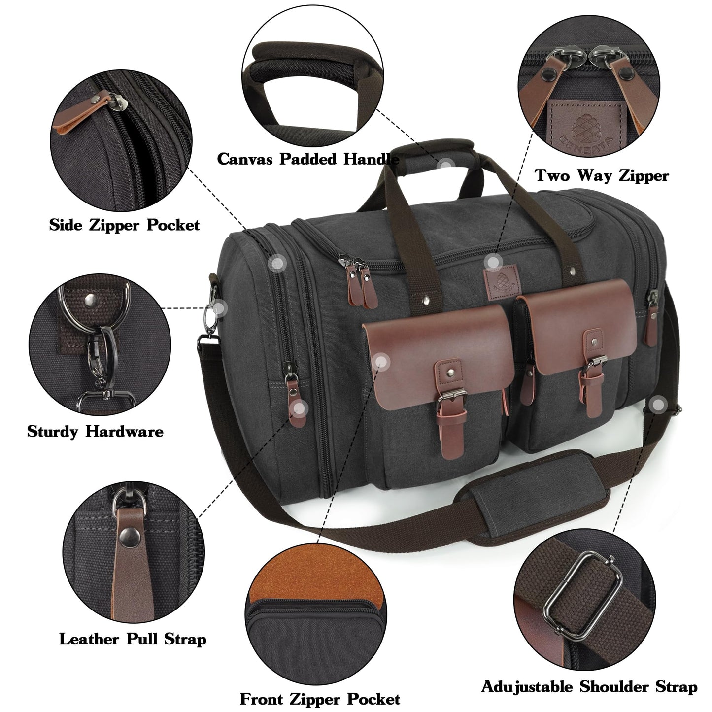 Densata Canvas Duffle Bag for Men 50L Travel Duffel Bags Expandable Genuine Leather Overnight Weekender Carry On Bag Two Zipper Pockets Travel Bag (Black, Large-50L)