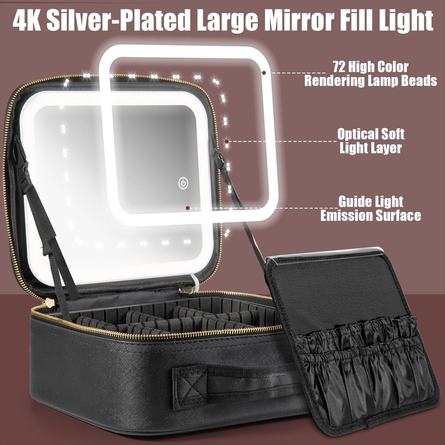 Extrei Gent Makeup Travel Train Case with Mirror LED Light 3 Adjustable Brightness Large Cosmetic Bag Portable Storage Adjustable Partition Waterproof Makeup Brushes Make up Jewelry Gift for Women