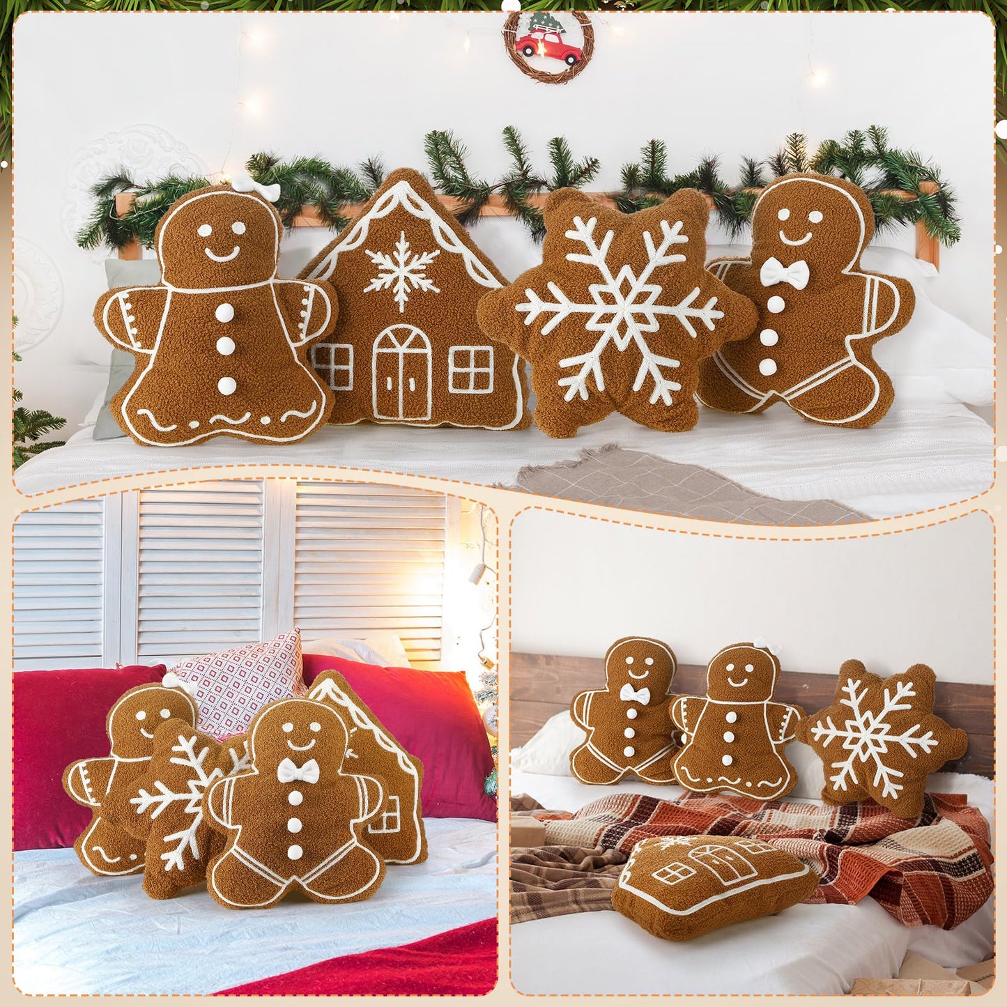 HunnmingRe 4 Pcs Christmas Throw Pillows Fall Football Plush Pillows Winter Holiday Cushion Soft Decorative Cushions for Couch Bedroom Living Room Thanksgiving Xmas Decor(Caramel,Gingerbread)