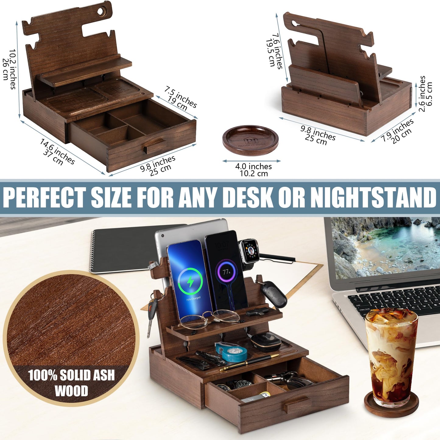 Black Wood Phone Docking Station for up to 3 Phones - Nightstand Organizer for Men & Women, Compatible with Apple Watch, Holds Phones, Tablets, Keys, Rings, Glasses, Watches, EDC & More