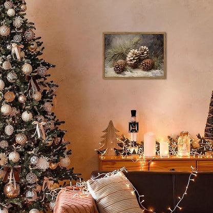 Framed Vintage Christmas Canvas Wall Art, Pine Cones Wall Decor Paintings, Winter Holiday Aesthetic Pictures Prints Rustic Home Decor for Living Room Bedroom Farmhouse 8×10 inch