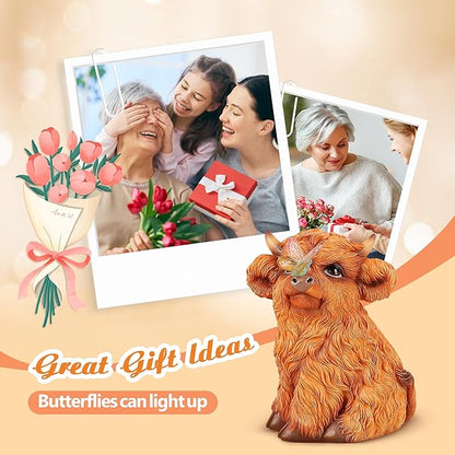 Highland Cow Solar Powered Outdoor Garden Statue, Resin Highland Cow Statue with Solar Light Lantern, Decorative Lawn, Yard Outdoor Highland Cow Decor. Unique Home Decorations, Gifts for Women