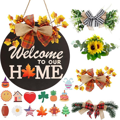 Interchangeable Welcome Sign for Front Door Decoration with 4 Seasonal Wreaths and 14 Holiday Icons, Black Welcome Door Hanger, Rustic Wooden Front Porch Sign Home décor（Black）