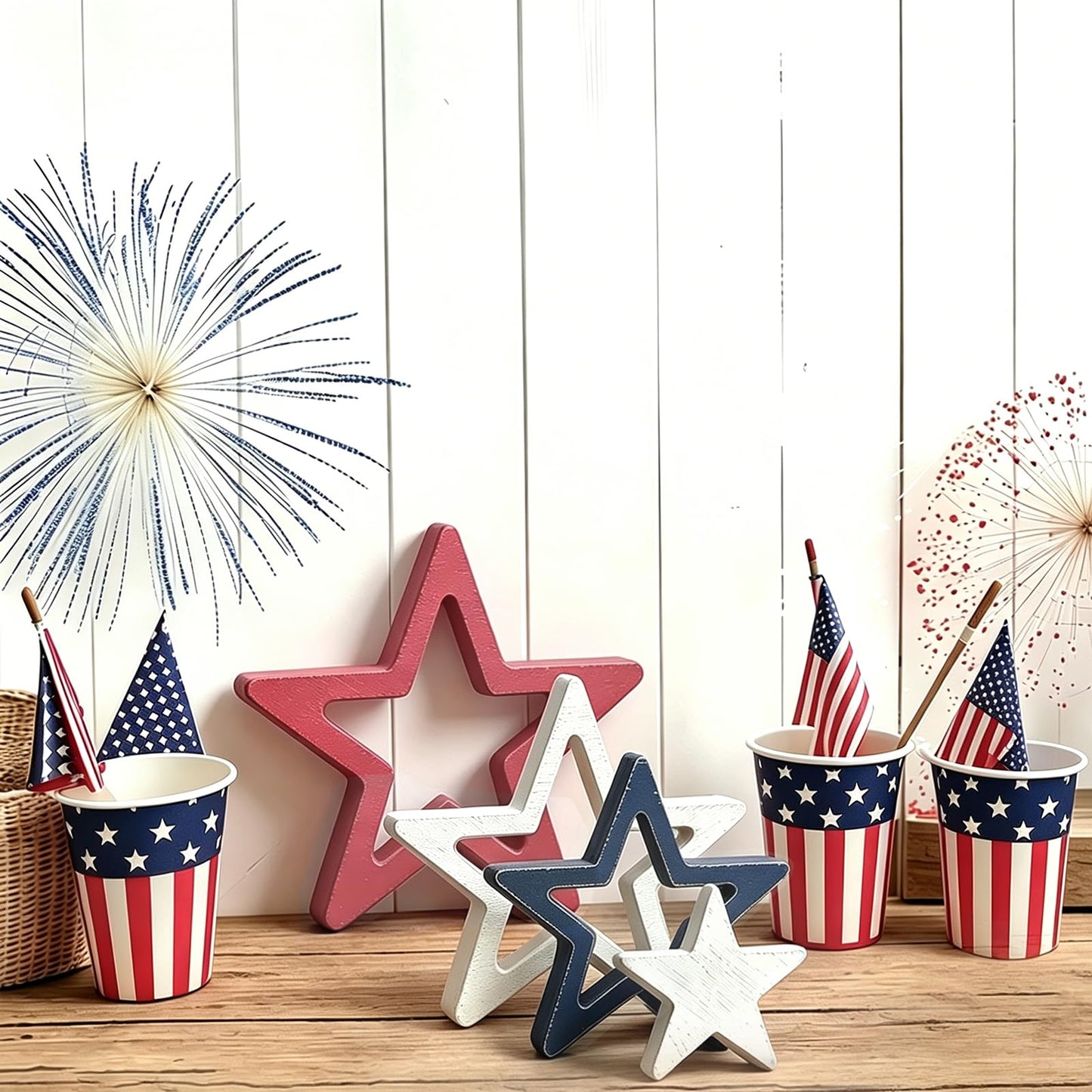 AOCEAN 4th of July Decorations Wooden Stars Set of 4, Red White Blue Stars Decorations, Retro Patriotic Memorial Independence Day Star Decor for Home Office Table Centerpieces Shelf