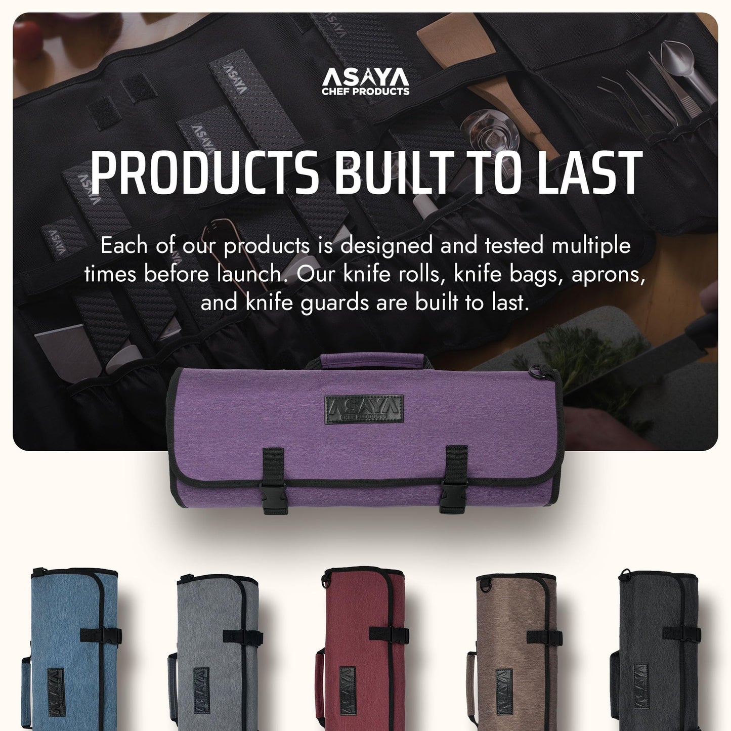 Asaya Waxed Nylon Chef Knife Roll Bag with 20 Slots and Zippered Pockets - Professional Chef Knife Bag & Storage Case, Tool Carrier with Shoulder Strap - Knives Not Included (Purple)