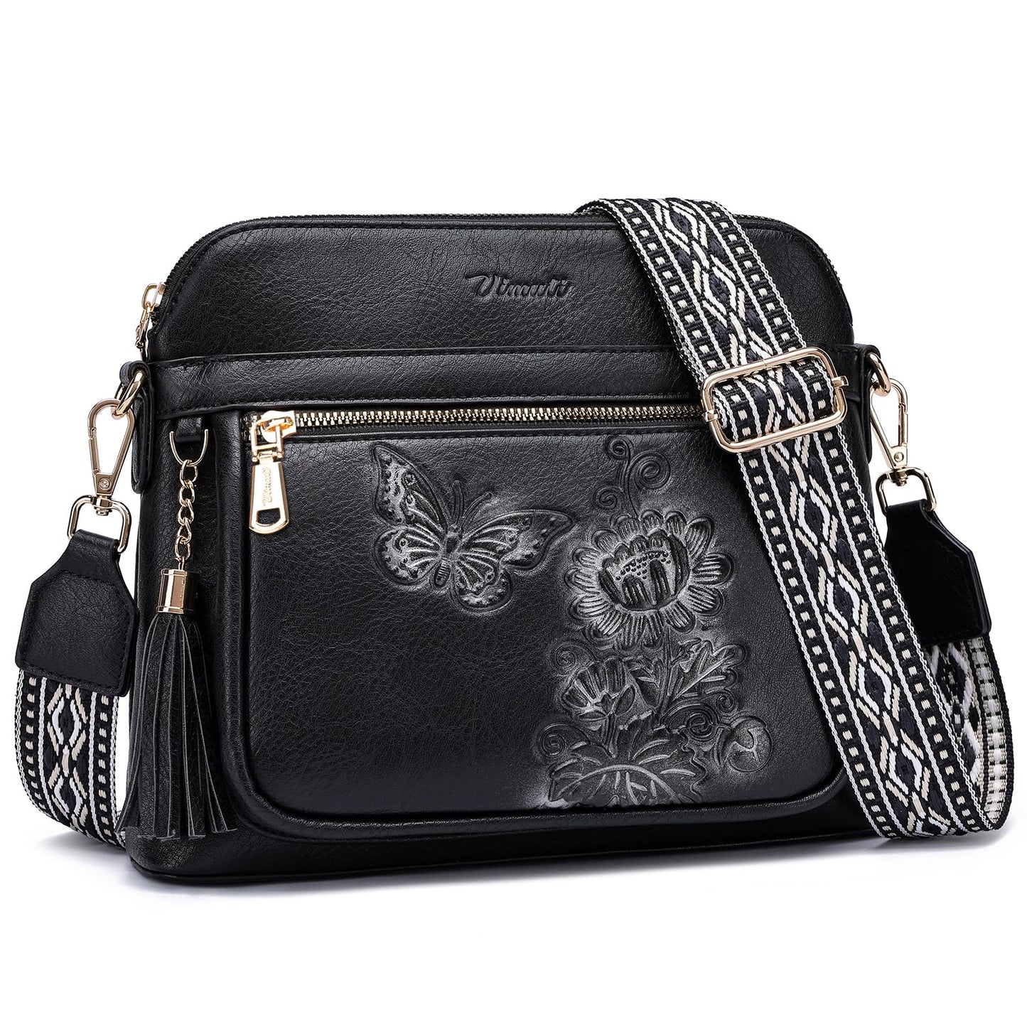 VIMUTI Crossbody Bags for Women Trendy, Lightweight Purses for Women Embossed Design Shoulder Handbags with Guitar Strap (Black)