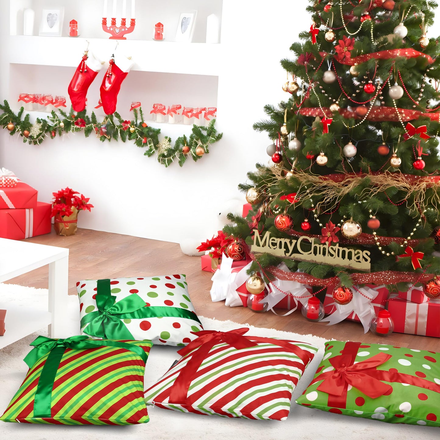 peony man Christmas Pillow Covers 18 x 18 Inch 3D Bows Throw Pillow Cases Outdoor Christmas Red Green Dot Stripe Decorative Cushion Covers for Sofa Couch Winter Holiday Decoration, Set of 4