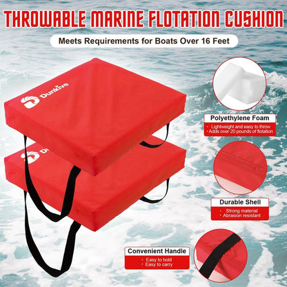 Dunkive 2 Pack Boat Throw Flotation Cushion, USCG Approved, Emergency Marine Throwable Flotation Device, Foam Boat Cushions Life Preserver, Throw Cushions for Boats, Kayaks, Canoes(Red)