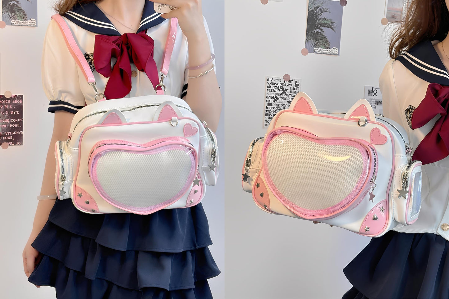SUSTRALO Pink Cat Ita Bag Backpack with Insert, Kawaii Heart Clear Window Pin Display Backpack, Convertible PU Leather Ita Shoulder Crossbody Bag for Anime Collection