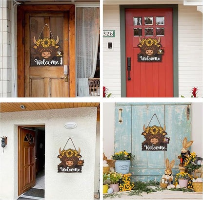 Highland Cow Front Door Decorations - Interchangeable Welcome Sign for Front Door with 15 Set Changeable Icons for Seasons Holiday Thanksgiving Christmas Door Decor
