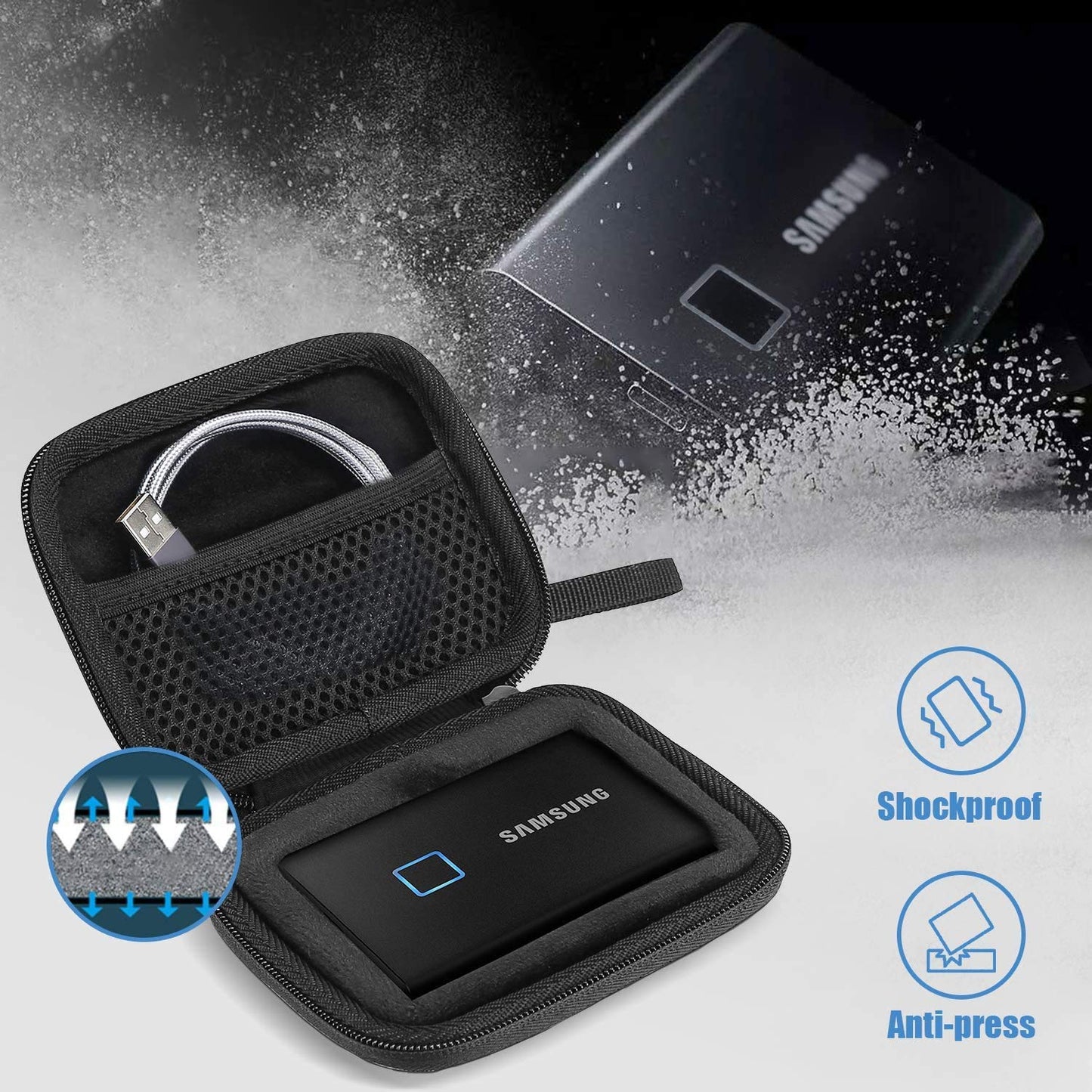 ProCase Hard Carrying Case Compatible for Samsung T7/ T7 Touch Portable SSD with 2 Cable Ties, Shockproof Travel Organizer for 500GB 1TB 2TB USB 3.2 External Solid State Drives -Black
