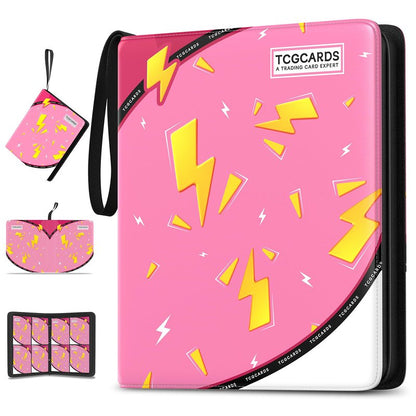 Trading Card Binder 4 Pocket,400 Pocket Card Collection Binder with 50 Removable Sleeves,PU Waterproof Top Card Book,3-Ring Zipper Collectible Trading Card Album for MTG/TCG/Card Holder Gift（Pink）