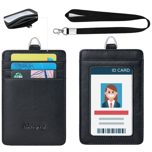 Genuine Leather id Badge Holder with Lanyard,Soft,ID Card Holder,Up to 20 Colors and Grains to Choose,frommultiple Card Slots,Vertical Work Name Badge case (161)