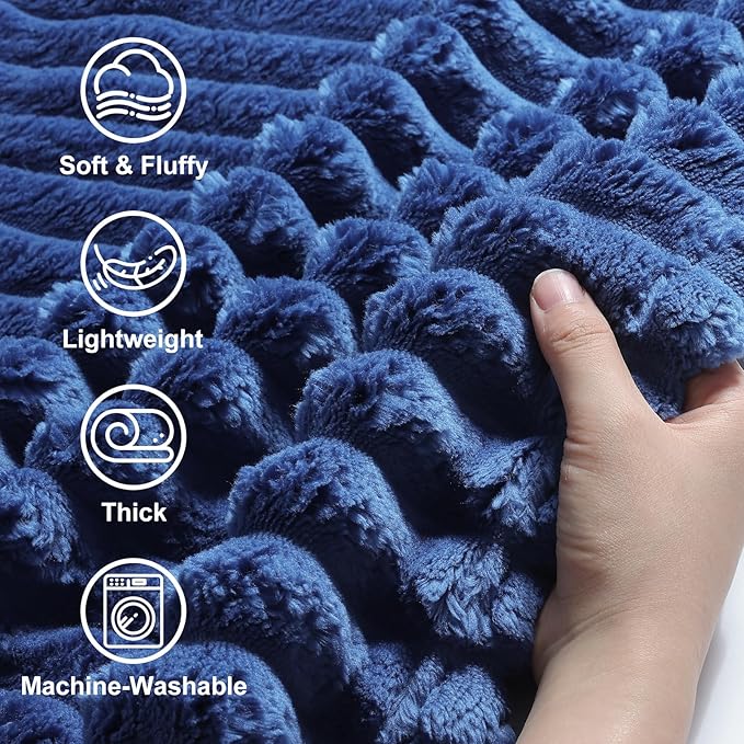 decorUhome Soft Fleece Navy Blue Blanket King Size for Bed, Cozy Fluffy Plush Flannel Large Striped Throws for Couch Sofa, Lightweight Decorative Fuzzy Blanket for Woman, 108x90 Inches