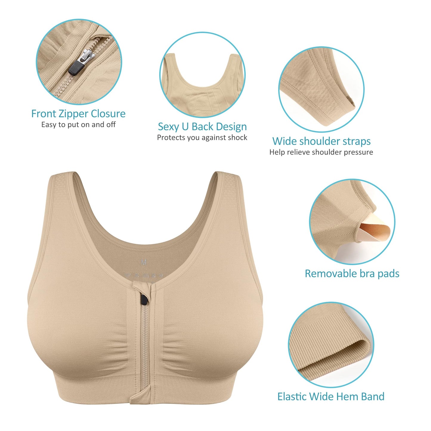 Women's Zip Front Sports Bra Wireless Post Surgery Bra Zipper Closure Bras Padded Surgical Bra Racerback Workout Bras Active Yoga Sports Bra Zipped Bra Post Op Bra